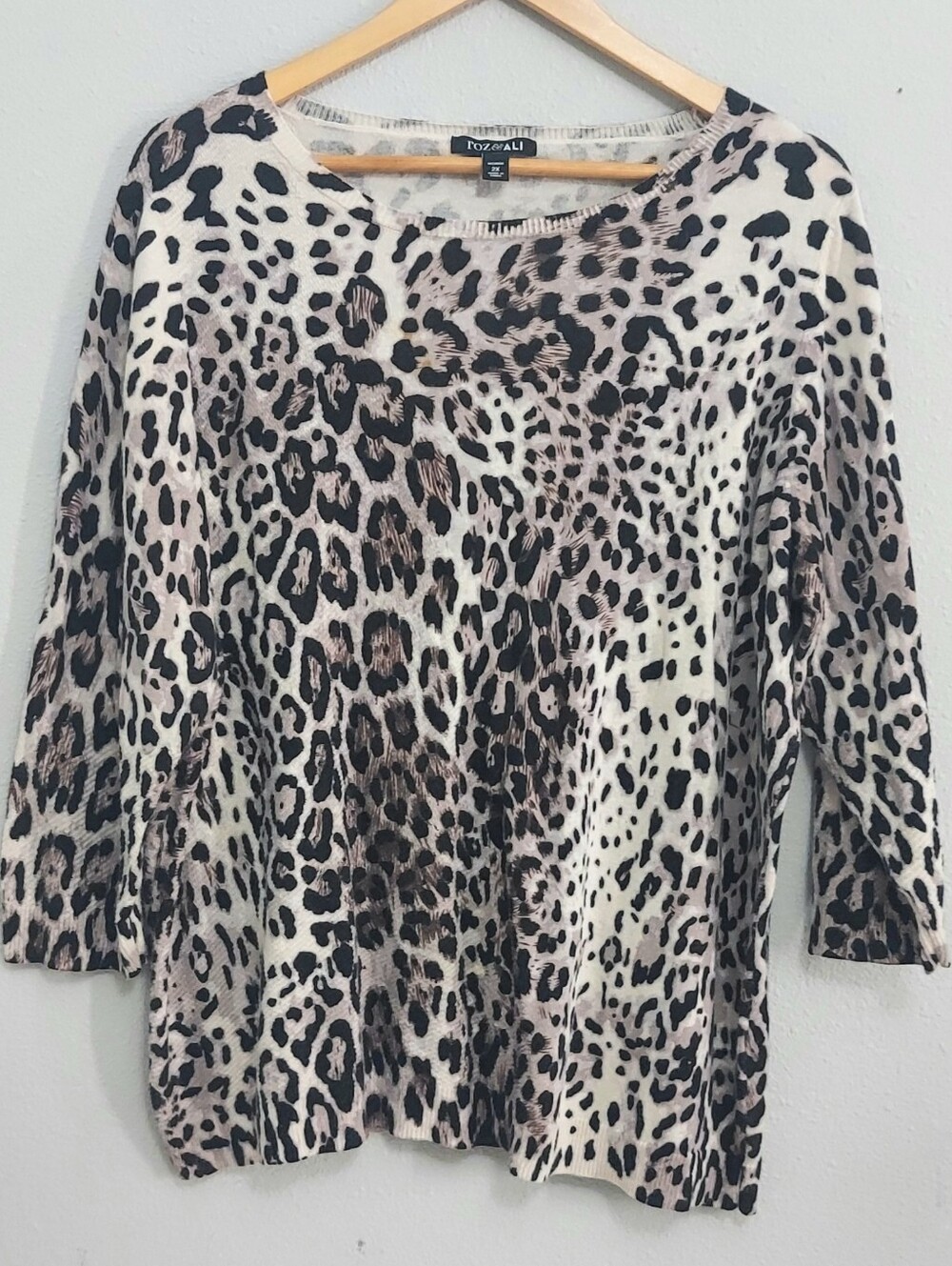 Roz & Ali Leopard Animal Print 3/4 Sleeve Lightweight Sweater 2x